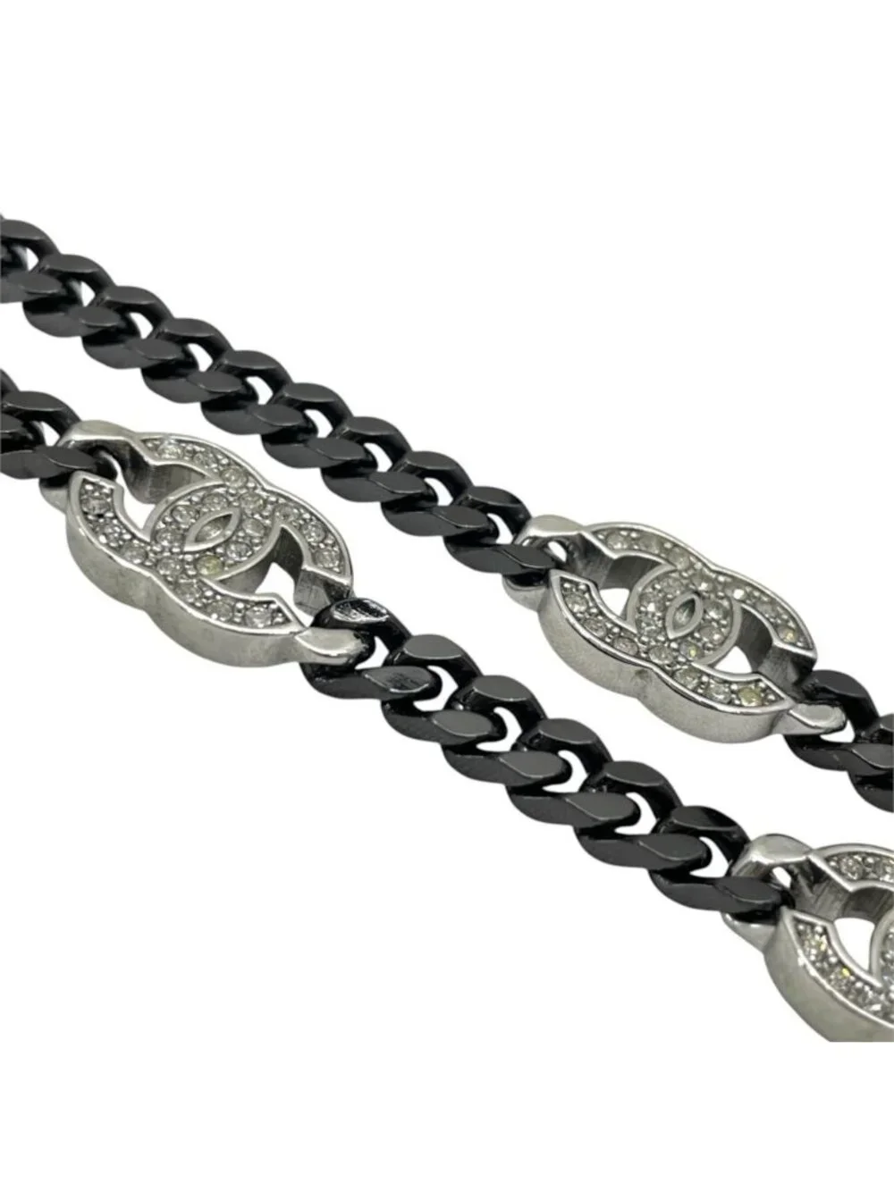 Chanel Choker Chain Pendant CC Logo Rhinestone Gunmetal Black Silver Necklace